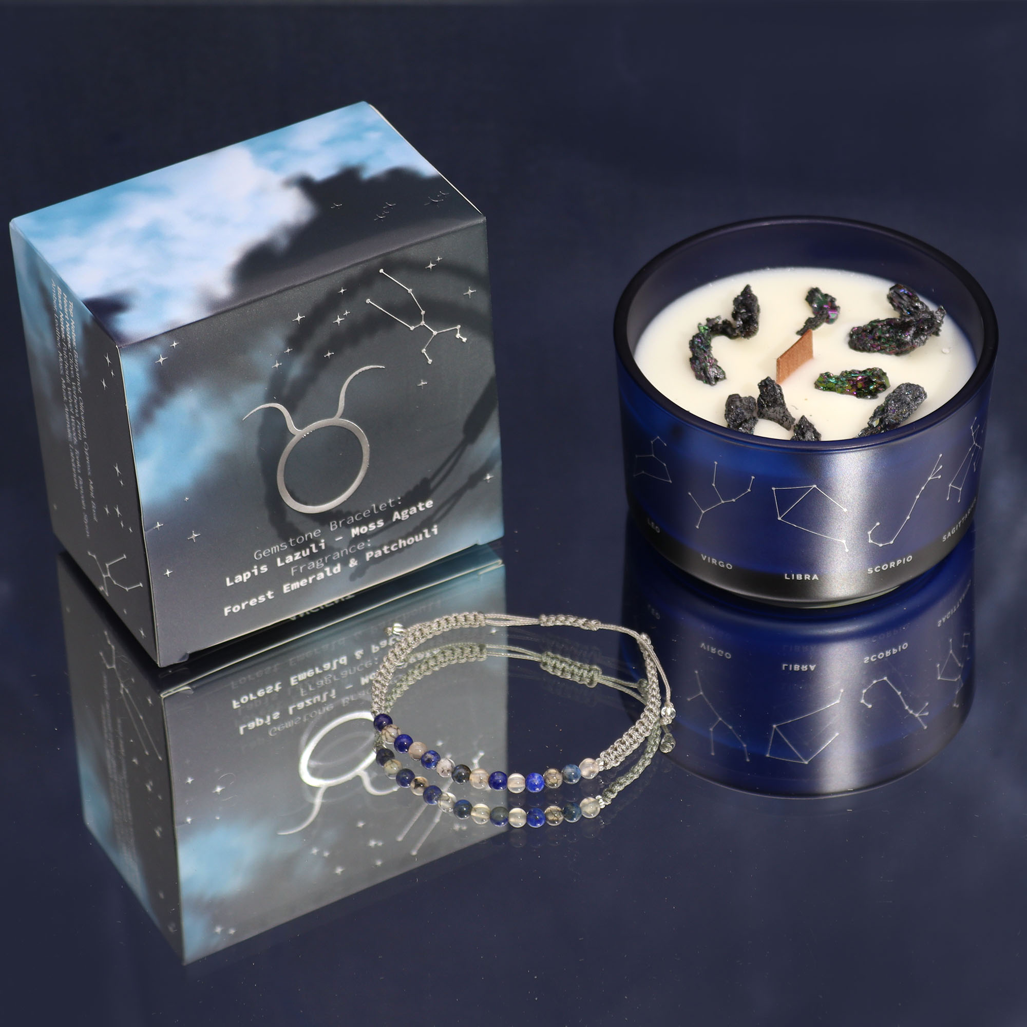 Świeca zodiak z bransoletką z kamieni byk 320g Świeca zodiak z bransoletką z kamieni byk 320g
