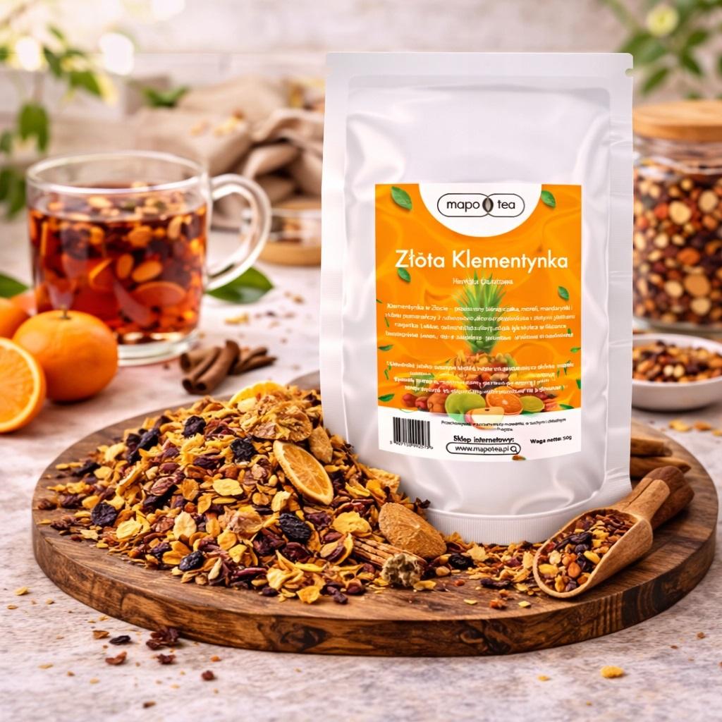złota klementynka herbata owocowa jabłko pomarańcza morela mapo tea 50g złota klementynka herbata owocowa jabłko pomarańcza morela mapo tea 50g